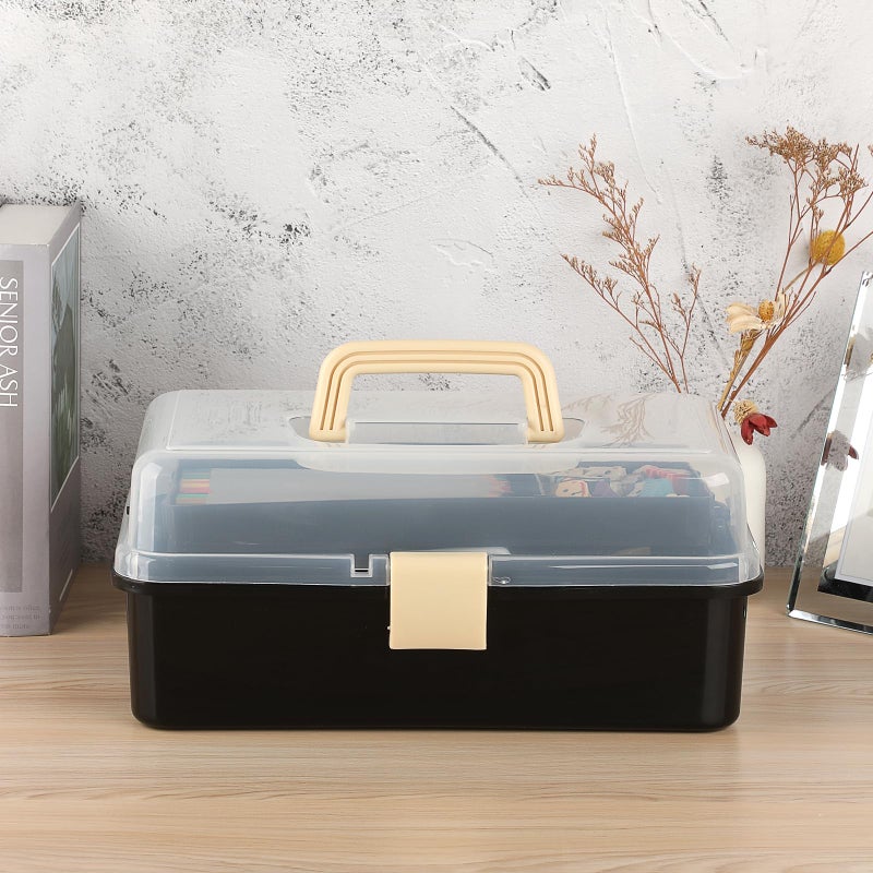 BTSKY 3-Layer Plastic Dividing Storage Box Craft Organizer with Adjustable Spacers Portable Handled Art Supply Organizer Multipurpose Home Utility Box for Sewing (Black+Beige) - Image 3