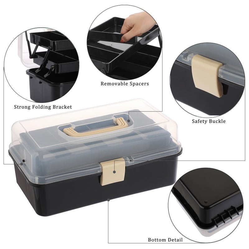 BTSKY 3-Layer Plastic Dividing Storage Box Craft Organizer with Adjustable Spacers Portable Handled Art Supply Organizer Multipurpose Home Utility Box for Sewing (Black+Beige) - Image 5