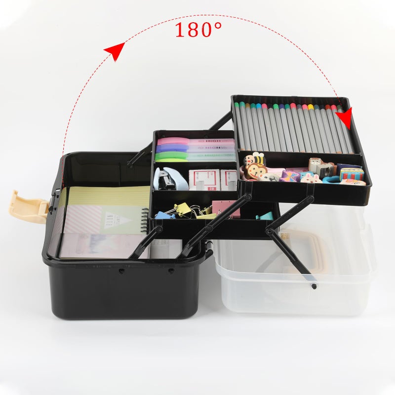 BTSKY 3-Layer Plastic Dividing Storage Box Craft Organizer with Adjustable Spacers Portable Handled Art Supply Organizer Multipurpose Home Utility Box for Sewing (Black+Beige) - Image 2