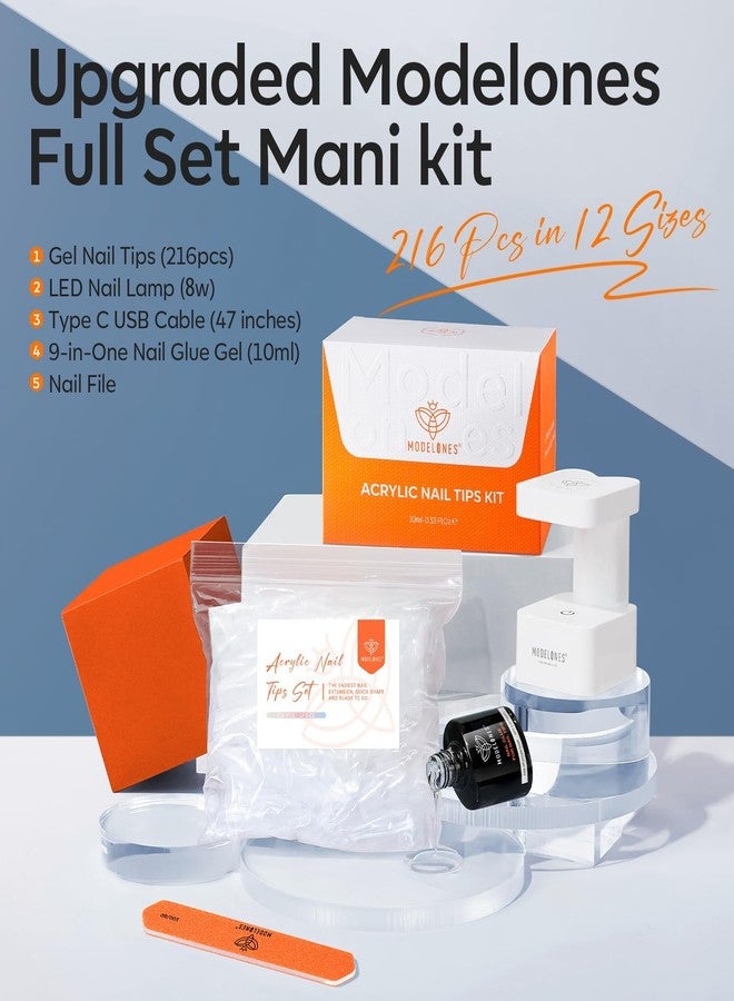 Modelones Gel X Nail Kit, Medium Almond Gel x Nail Tips, 9-in-One Nail Glue & Portable U V Nail Lamp, 216Pcs 12Sizes Press On Acrylic False Nails Tip Nails Art DIY Nail Extension for Women - Image 2