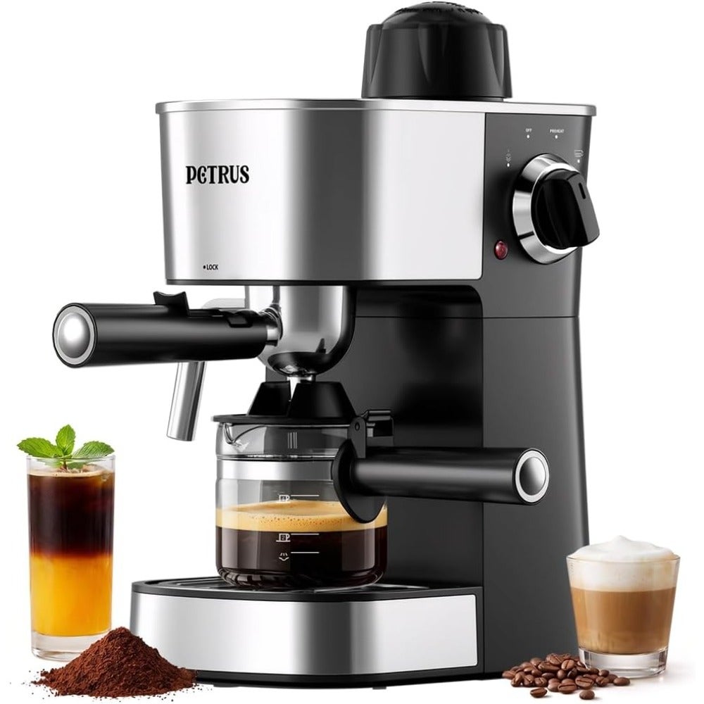 Espresso Coffee Machine With Glass Carafe 5 Bar Cappuccino And Latte Maker 800W Stainless Steel With Milk Frother And Steamer Compact Design For Home And Office Silver/Black