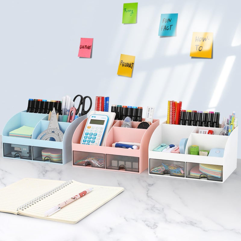 LETURE Office Desk Organizer with Drawers for Desktop/Tabletop/Counter, Desk Top Accessories Stationary Organizer Desk Caddy, Pen/Pencil/Business Card/Sticky Note Tray/Paperclip Holder Storage Box (White) - Image 2