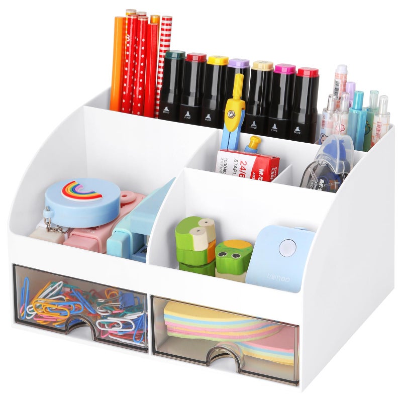 LETURE Office Desk Organizer with Drawers for Desktop/Tabletop/Counter, Desk Top Accessories Stationary Organizer Desk Caddy, Pen/Pencil/Business Card/Sticky Note Tray/Paperclip Holder Storage Box (White) - Image 1