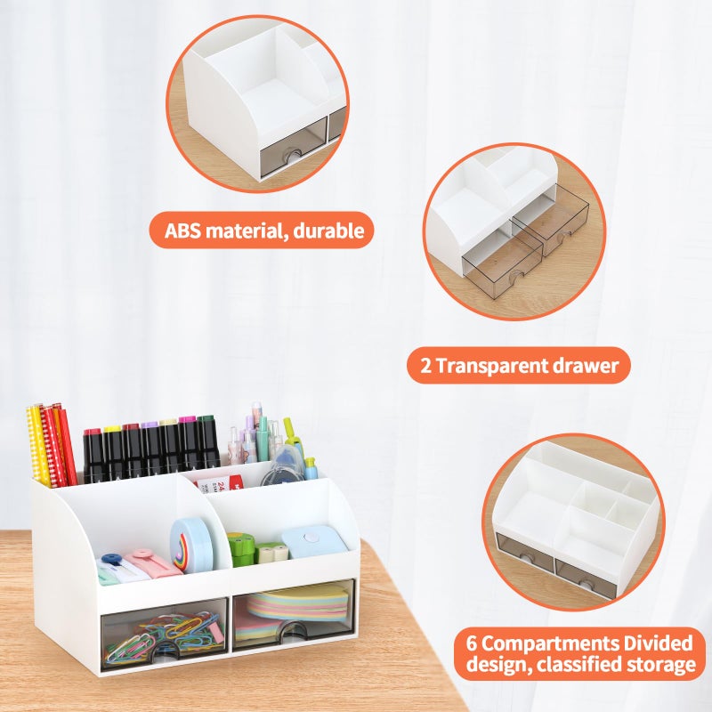 LETURE Office Desk Organizer with Drawers for Desktop/Tabletop/Counter, Desk Top Accessories Stationary Organizer Desk Caddy, Pen/Pencil/Business Card/Sticky Note Tray/Paperclip Holder Storage Box (White) - Image 4