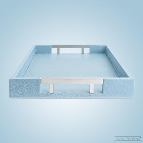 Home Redefined Modern 17.5"x12" Rectangle Baby Light Blue Glossy Shagreen Faux Leather Decorative Tray Ottoman Coffee Table Perfume Living Room Kitchen Serving Tray with Silver Metal Handles by Home Redefined - Image 4