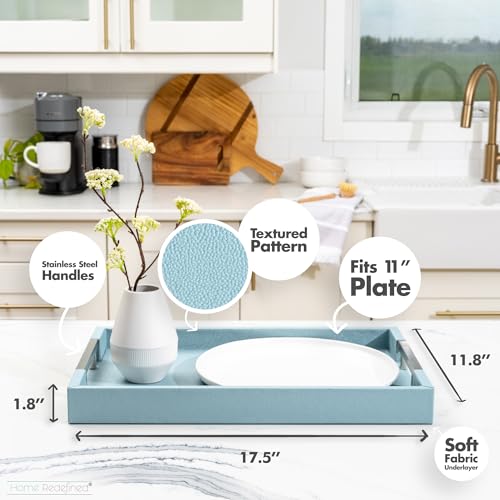 Home Redefined Modern 17.5"x12" Rectangle Baby Light Blue Glossy Shagreen Faux Leather Decorative Tray Ottoman Coffee Table Perfume Living Room Kitchen Serving Tray with Silver Metal Handles by Home Redefined - Image 3