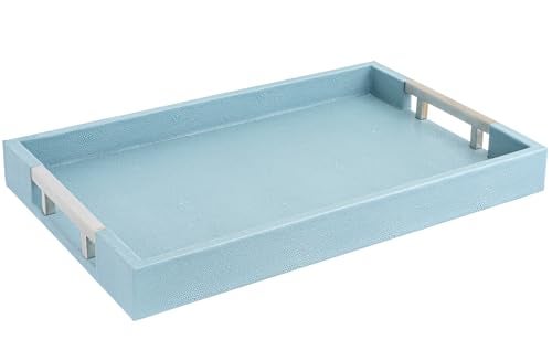 Home Redefined Modern 17.5"x12" Rectangle Baby Light Blue Glossy Shagreen Faux Leather Decorative Tray Ottoman Coffee Table Perfume Living Room Kitchen Serving Tray with Silver Metal Handles by Home Redefined - Image 1