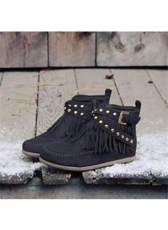 Generic 2023 Autumn Vintage Tassel Flat Ankle Boots Black 