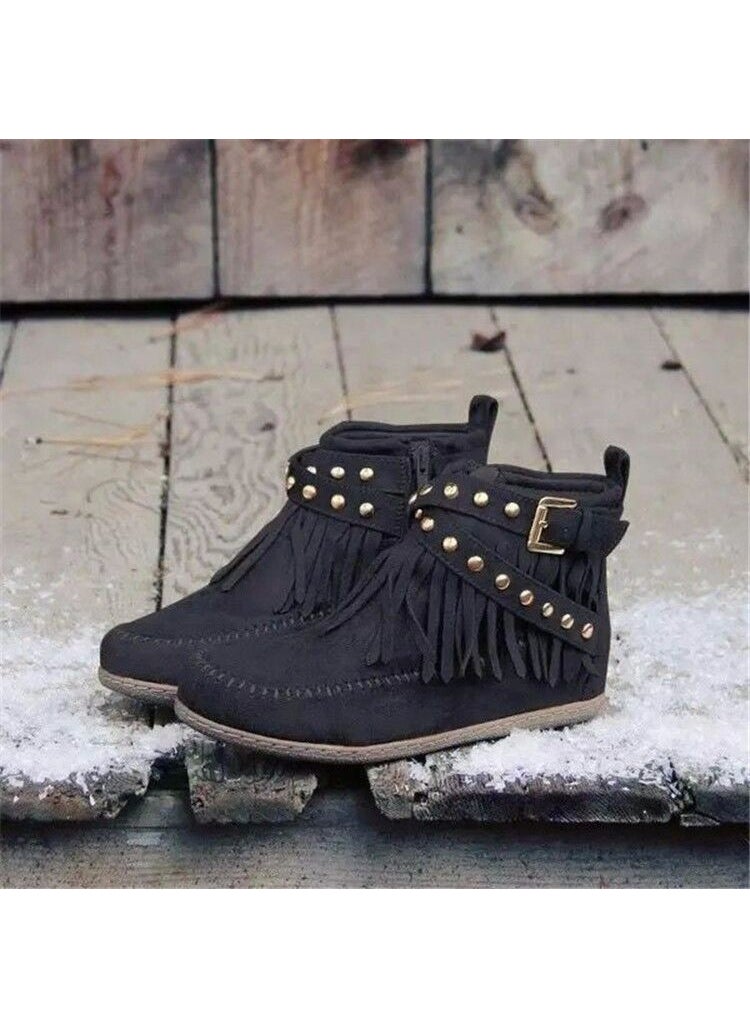 Generic 2023 Autumn Vintage Tassel Flat Ankle Boots Black 