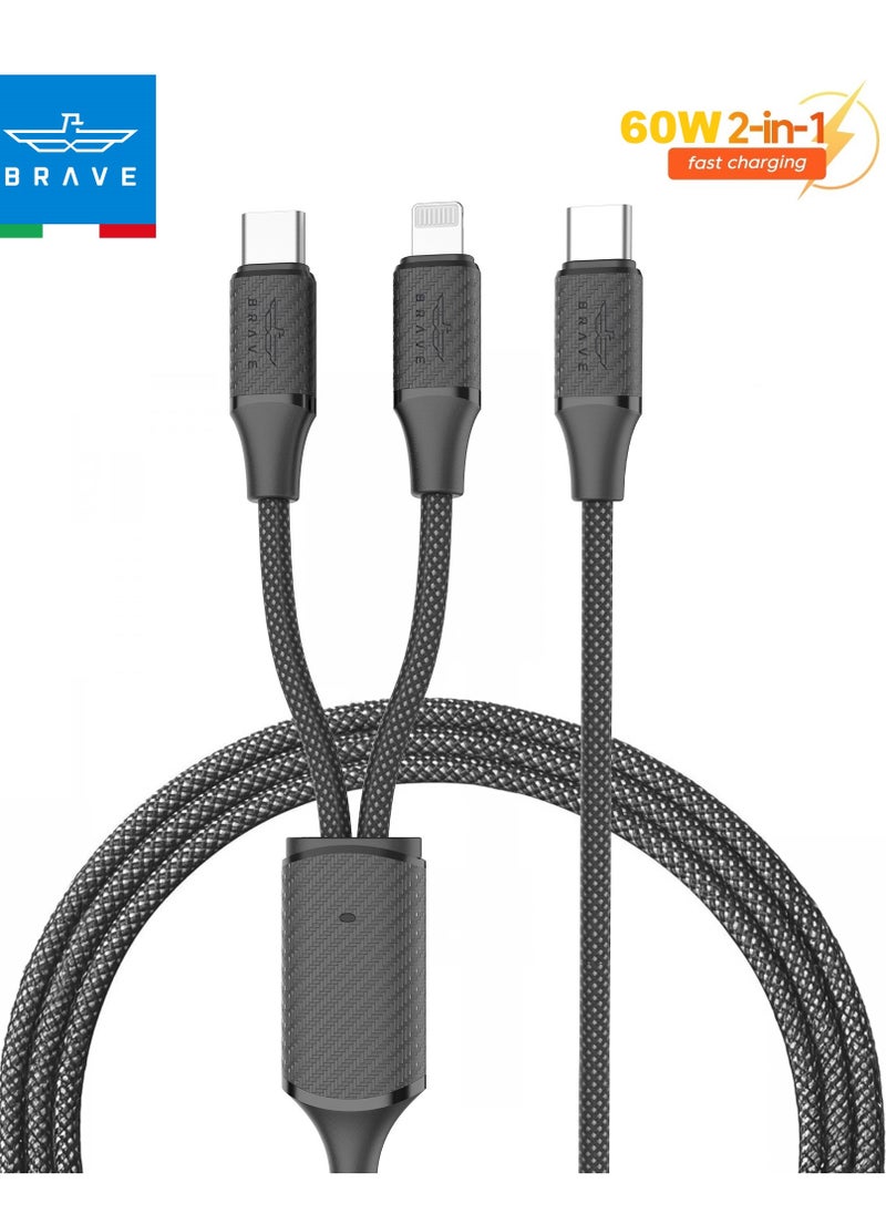 Brave 2 in 1 Fast Charging Data Cable - Type-C to Type-C and Lightning, 3A 60W, Durable Nylon Braided for High-Speed ​​Charging and Data Transfer, Compatible with iPhone 15/14/13/12, Samsung S25/S24/S23, MacBook, iPad, Tablets, Smartphones and More - Universal Charging Solution for All Devices (1.2m - Black)  - Image 1