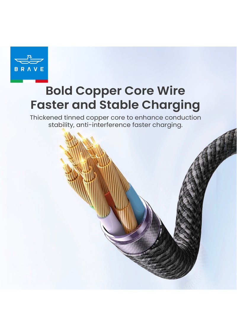 Brave 2 in 1 Fast Charging Data Cable - Type-C to Type-C and Lightning, 3A 60W, Durable Nylon Braided for High-Speed ​​Charging and Data Transfer, Compatible with iPhone 15/14/13/12, Samsung S25/S24/S23, MacBook, iPad, Tablets, Smartphones and More - Universal Charging Solution for All Devices (1.2m - Black)  - Image 2