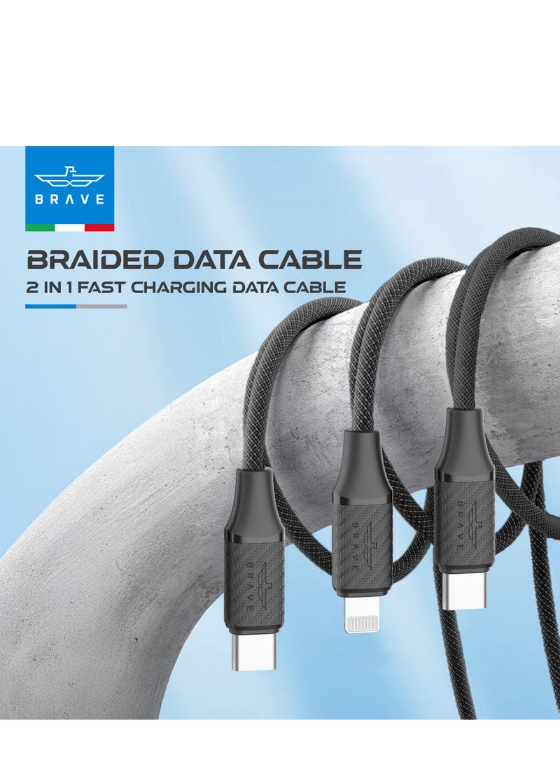 Brave 2 in 1 Fast Charging Data Cable - Type-C to Type-C and Lightning, 3A 60W, Durable Nylon Braided for High-Speed ​​Charging and Data Transfer, Compatible with iPhone 15/14/13/12, Samsung S25/S24/S23, MacBook, iPad, Tablets, Smartphones and More - Universal Charging Solution for All Devices (1.2m - Black)  - Image 3