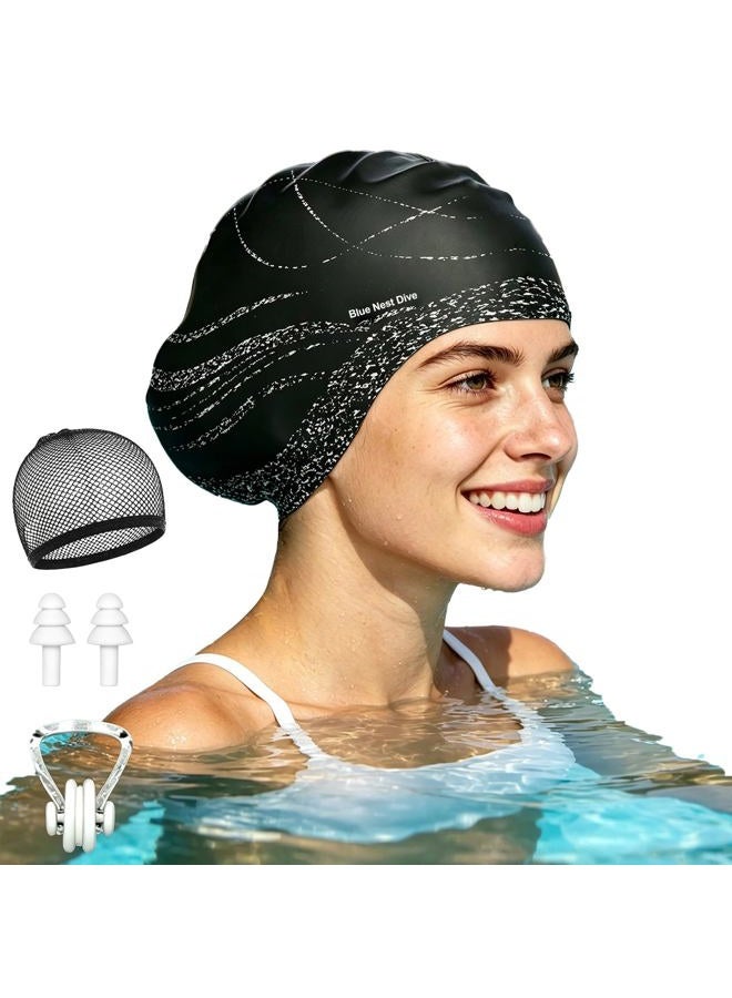 BlueNest Dive Long Hair Silicone Swim Cap Highly Elastic Keeps Hair Dry Suitable for Curly Hair, Braided Hair, African Dreadlocks, Thick Hair, and Inner Silk Lining Swim Cap (Black) - Image 1