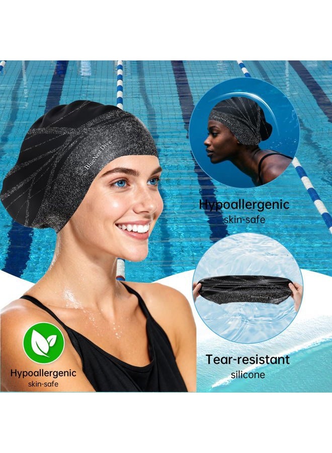 BlueNest Dive Long Hair Silicone Swim Cap Highly Elastic Keeps Hair Dry Suitable for Curly Hair, Braided Hair, African Dreadlocks, Thick Hair, and Inner Silk Lining Swim Cap (Black) - Image 2