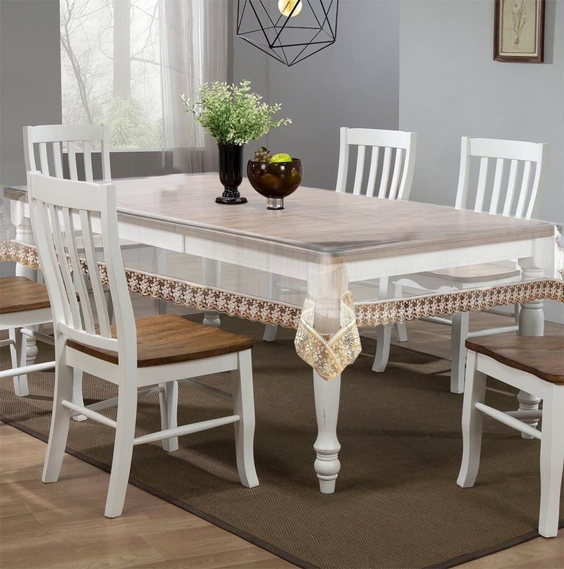 HOMECROWN Clear Transparent Plastic 6 Seater Waterproof Dining Table Cover with Lace Border 60 X 90 Inch Golden Lace