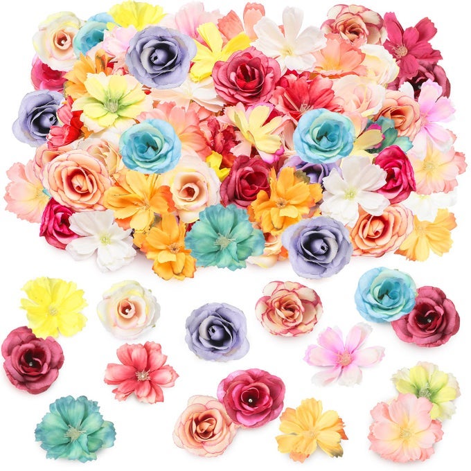 80 PCS FAUX FLOWER HEADS MINI ARTIFICIAL FLOWER HEADS FAKE PEONY DAISY ROSE PLUM BLOSSOM MULTICOLOR SMALL SILK DAISY FOR DIY HOME WEDDING CRAFTS DECORATION BRIGHT COLOR