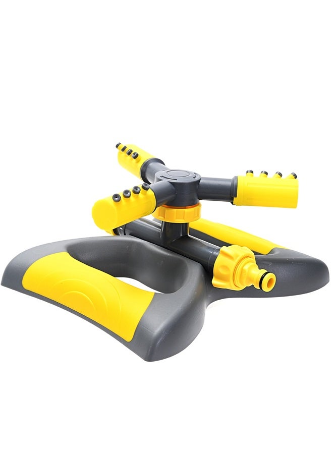 لوازم مرش ماء رأس ثلاثي مع قاعدة - أصفر ورمادي - بخاخ دوار قابل للتعديل بثلاث أذرع، يدور تلقائياً بزاوية 360° مزود بـ12 فوهة، مثالي لري الحدائق والعشب وسقي النباتات - Image 1