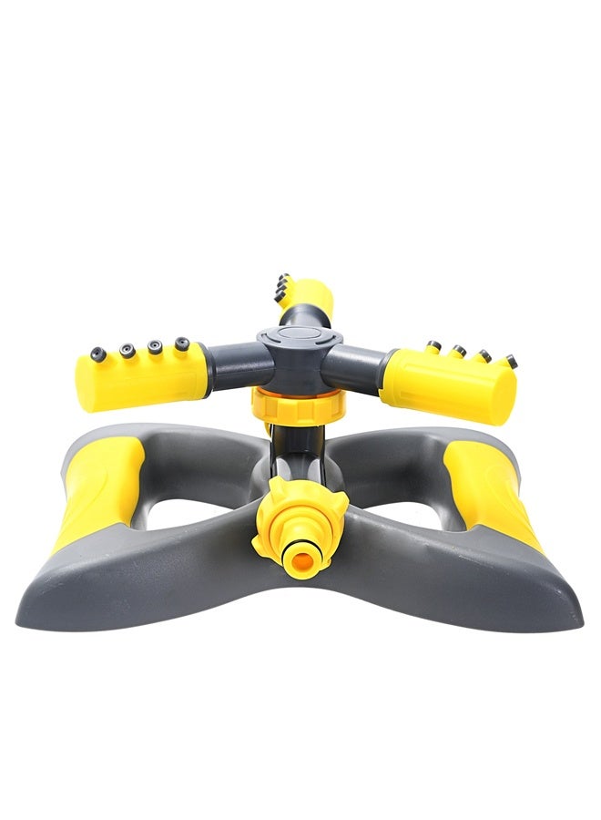 لوازم مرش ماء رأس ثلاثي مع قاعدة - أصفر ورمادي - بخاخ دوار قابل للتعديل بثلاث أذرع، يدور تلقائياً بزاوية 360° مزود بـ12 فوهة، مثالي لري الحدائق والعشب وسقي النباتات - Image 2