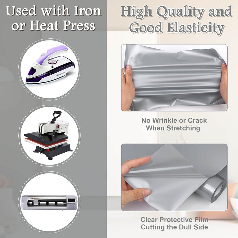 Flasoo Heat Transfer Vinyl Rolls, 12" x 24ft HTV Iron on Vinyl for Shirts, Compatible with All Cutting Machine, Easy to Cut & Weed(Silver) - Image 5