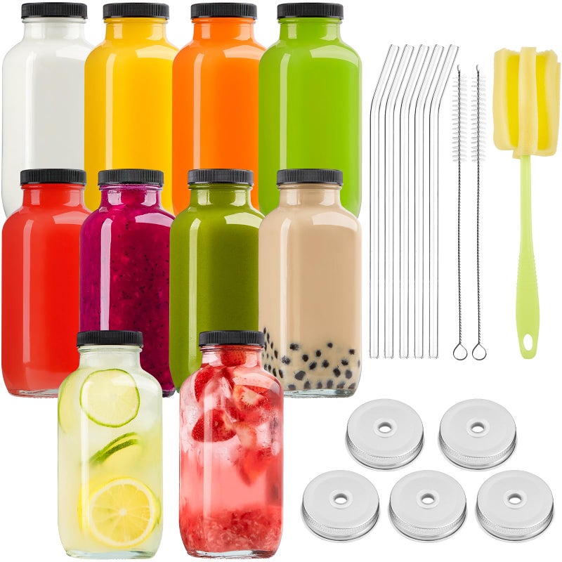 Kucoele 16oz Glass Juice Bottles with Lids, 10 Pack Reusable Smoothie Cups Water Bottles Drinking Jars with Glass Straws, Brush, Lids with Hole - Image 1