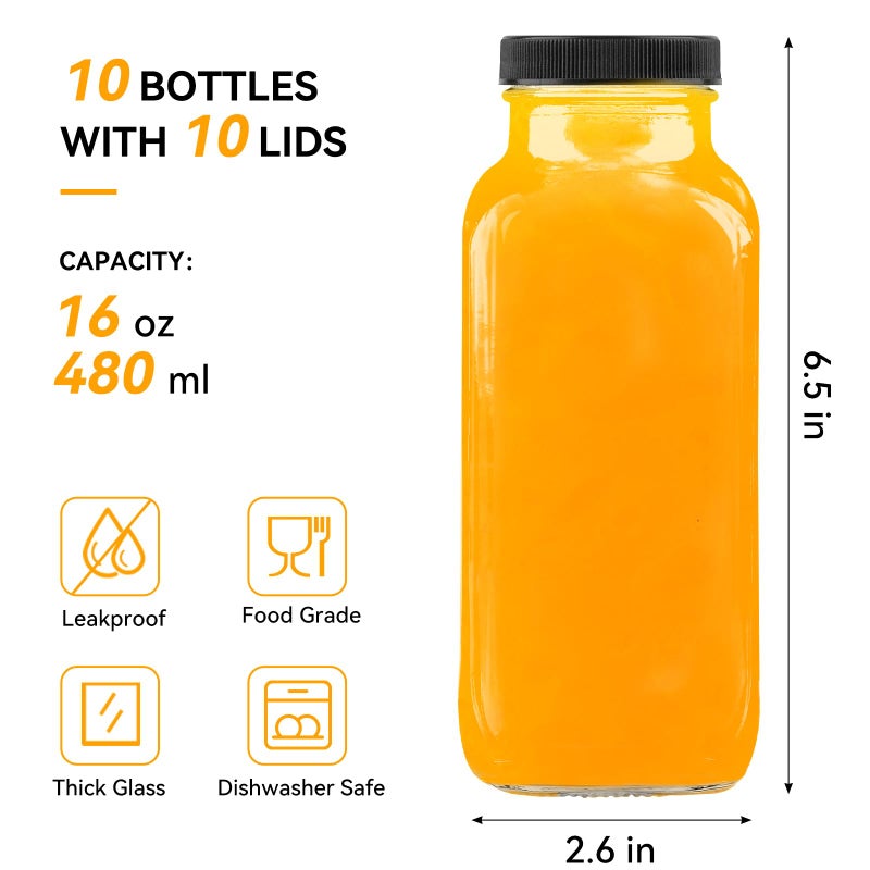 Kucoele 16oz Glass Juice Bottles with Lids, 10 Pack Reusable Smoothie Cups Water Bottles Drinking Jars with Glass Straws, Brush, Lids with Hole - Image 2