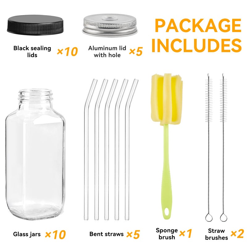 Kucoele 16oz Glass Juice Bottles with Lids, 10 Pack Reusable Smoothie Cups Water Bottles Drinking Jars with Glass Straws, Brush, Lids with Hole - Image 3