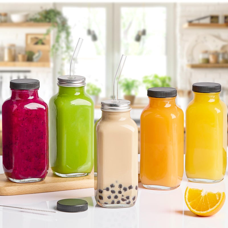 Kucoele 16oz Glass Juice Bottles with Lids, 10 Pack Reusable Smoothie Cups Water Bottles Drinking Jars with Glass Straws, Brush, Lids with Hole - Image 4