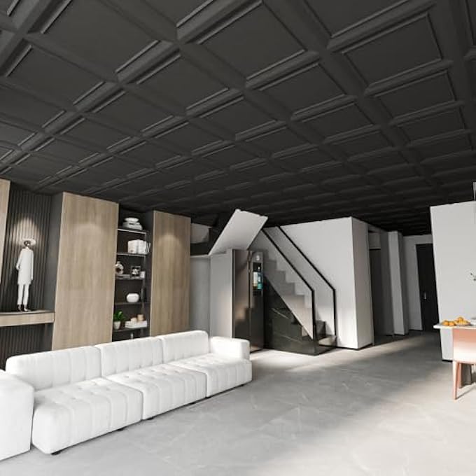 24 X 24 DROP CEILING TILES, 12 PACK DROP IN SYSTEM HIGH GRADE PVC WALL PANELS, FIRE RATED, WATERPROOF, LIGHT WEIGHT, PREVENT BREAKAGE, COVER 48 SQ.FT, BLACK - Image 3