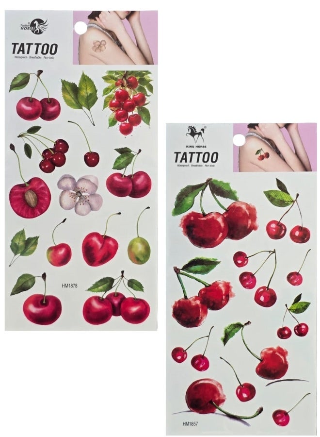 2-Pack Waterproof Temporary Tattoo Stickers for Women – Realistic Cherry Designs, English Quotes, Floral Bow & Apricot Elements, Easy Apply Body Art Tattoos, Perfect for Fun Makeup, Parties, Festivals & Gifts - Image 1