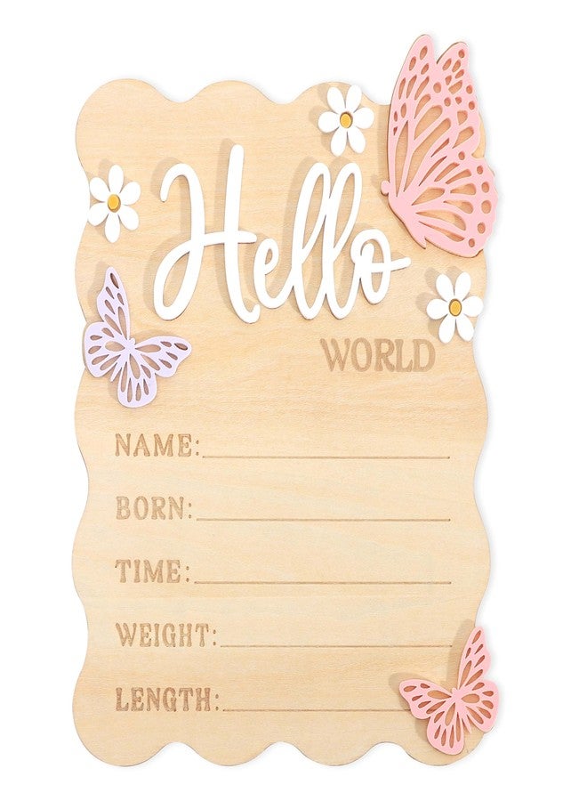 TERJIO Butterfly Daisy Hello Worid Board - Little Butterfly Birth Announcement Sign, Wooden Hello World Card for Hospitals, Newborn Birth Information Record Board, Daisy Nursery Decorations Photo Props - Image 1
