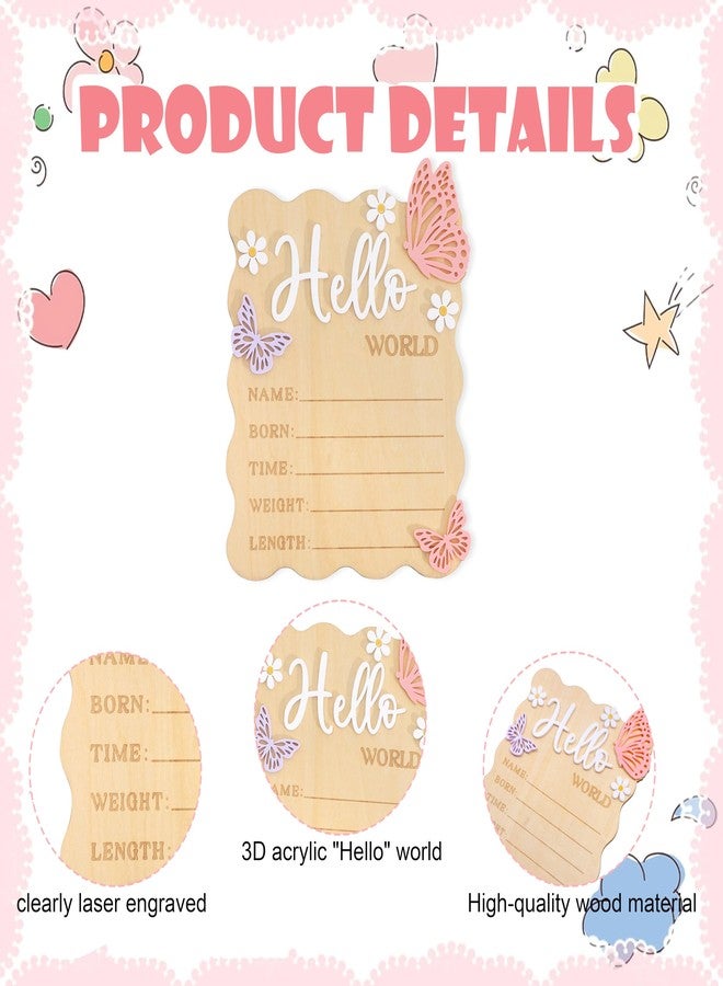 TERJIO Butterfly Daisy Hello Worid Board - Little Butterfly Birth Announcement Sign, Wooden Hello World Card for Hospitals, Newborn Birth Information Record Board, Daisy Nursery Decorations Photo Props - Image 3