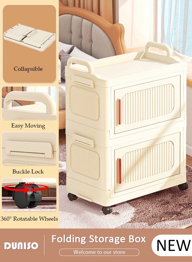 DUNISO 2 Layers Folding Storage Box with Lids, Plastic Stackable Storage Box Storage Bins with Wheels and Doors，37 cm Wide Large Capacity Cabinet for Clothes, Toys, Snacks, Books, Multifunction Container for Home, Office and Outdoor  - Image 1