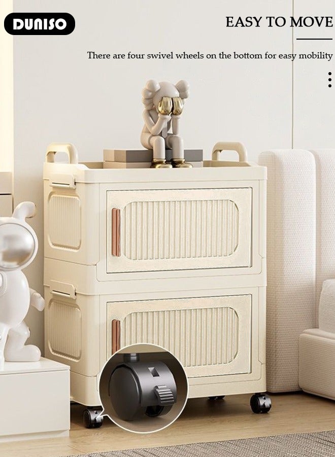 DUNISO 2 Layers Folding Storage Box with Lids, Plastic Stackable Storage Box Storage Bins with Wheels and Doors，37 cm Wide Large Capacity Cabinet for Clothes, Toys, Snacks, Books, Multifunction Container for Home, Office and Outdoor  - Image 2