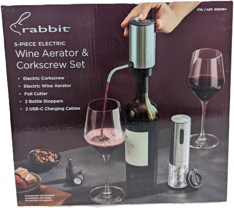 rabbit Electric Wine Tool Set - 5-Piece Wine Accessory Collection - Aerator, Corkscrew, Cutter, Stoppers, Charging Cables - Image 1