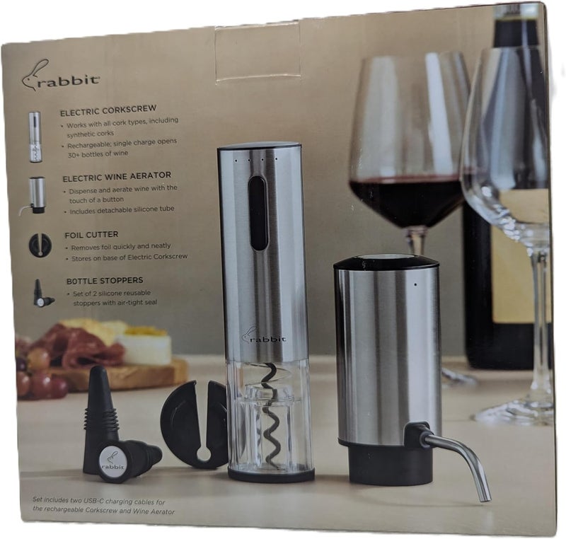 rabbit Electric Wine Tool Set - 5-Piece Wine Accessory Collection - Aerator, Corkscrew, Cutter, Stoppers, Charging Cables - Image 2