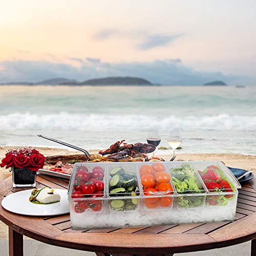 MorTime Ice Chilled Condiment Server with 5 Removable Compartments, Clear Sauce Caddy Serving Tray Container with Lid, 3 Serving Spoons & 3 Tongs Included - Image 3