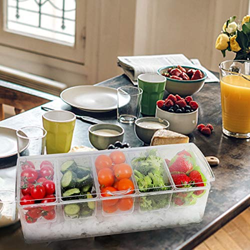 MorTime Ice Chilled Condiment Server with 5 Removable Compartments, Clear Sauce Caddy Serving Tray Container with Lid, 3 Serving Spoons & 3 Tongs Included - Image 2