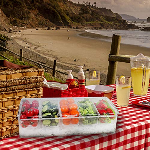 MorTime Ice Chilled Condiment Server with 5 Removable Compartments, Clear Sauce Caddy Serving Tray Container with Lid, 3 Serving Spoons & 3 Tongs Included - Image 4