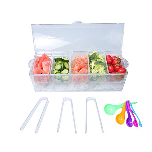 MorTime Ice Chilled Condiment Server with 5 Removable Compartments, Clear Sauce Caddy Serving Tray Container with Lid, 3 Serving Spoons & 3 Tongs Included - Image 1