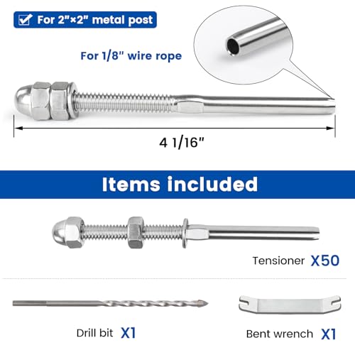 Muzata 50 Pack 1/8" Cable Railing Hardware Kit Hand Swage Threaded Stud Tensioner for 2x2 Metal Post T316 Stainless Steel Deck Cable Railing System CR23 - Image 2