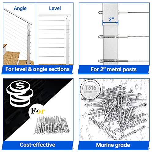 Muzata 50 Pack 1/8" Cable Railing Hardware Kit Hand Swage Threaded Stud Tensioner for 2x2 Metal Post T316 Stainless Steel Deck Cable Railing System CR23 - Image 3