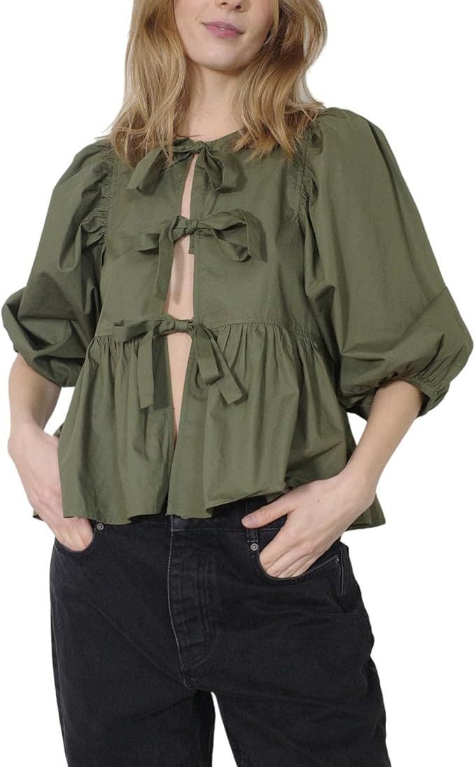 Women Tie Front Tops Leopard Printed Ruffle Babydoll Tops 3/4 Length Puff Sleeve Army green
