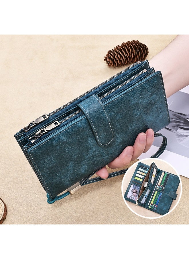 banyanu Women's Large Capacity Credit Card Holder, RFID Wallet, Women's Double Zipper Pocket, Bi-fold Wristbag (Peacock Blue) - Image 1