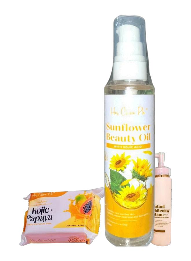 هير شويش بي اش صابون تبييض مكثف فاخر بخلاصة الكوجيك والبابايا 120 جم، ولوشن تبييض فوري بعامل حماية من الشمس 50 مع خلاصة زيت دوار الشمس 250 مل، وزيت دوار الشمس التجميلي 100 مل - Image 1