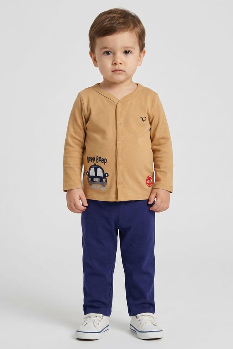 POPEES Toddlers Boy 2 Pcs Embroidered Top And Pants Set, Multicolor - Image 1