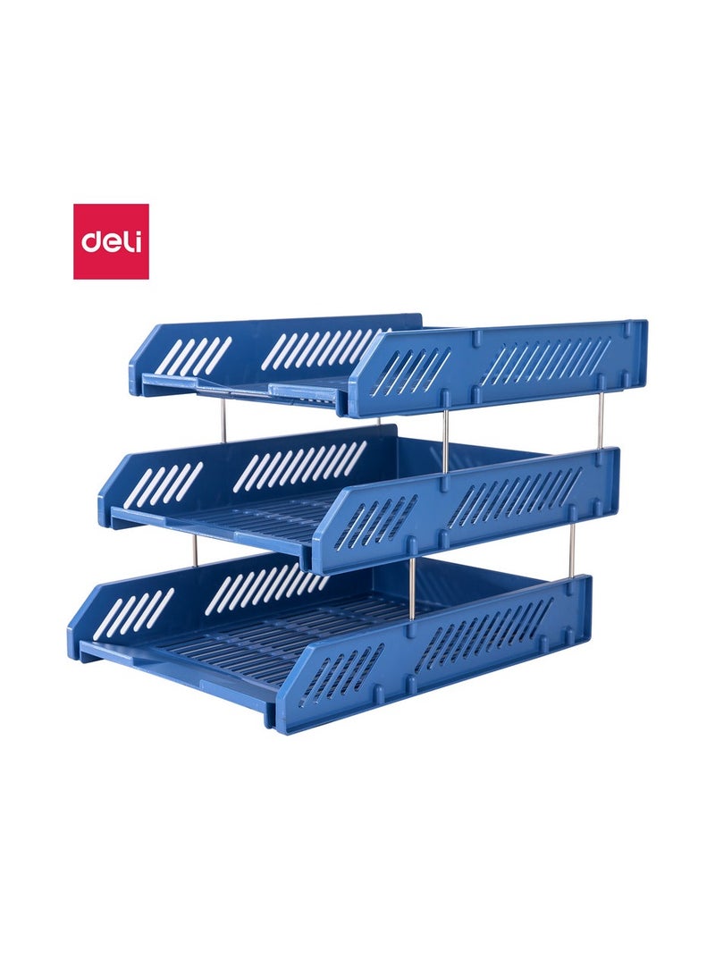 Deli E9209 3-Tier File Tray with 4 Metal Rods – Assorted Color (Blue/Light Grey/Black) HIPS Organizer for Creative Studios – 1PCS/OPP Bag - Image 1