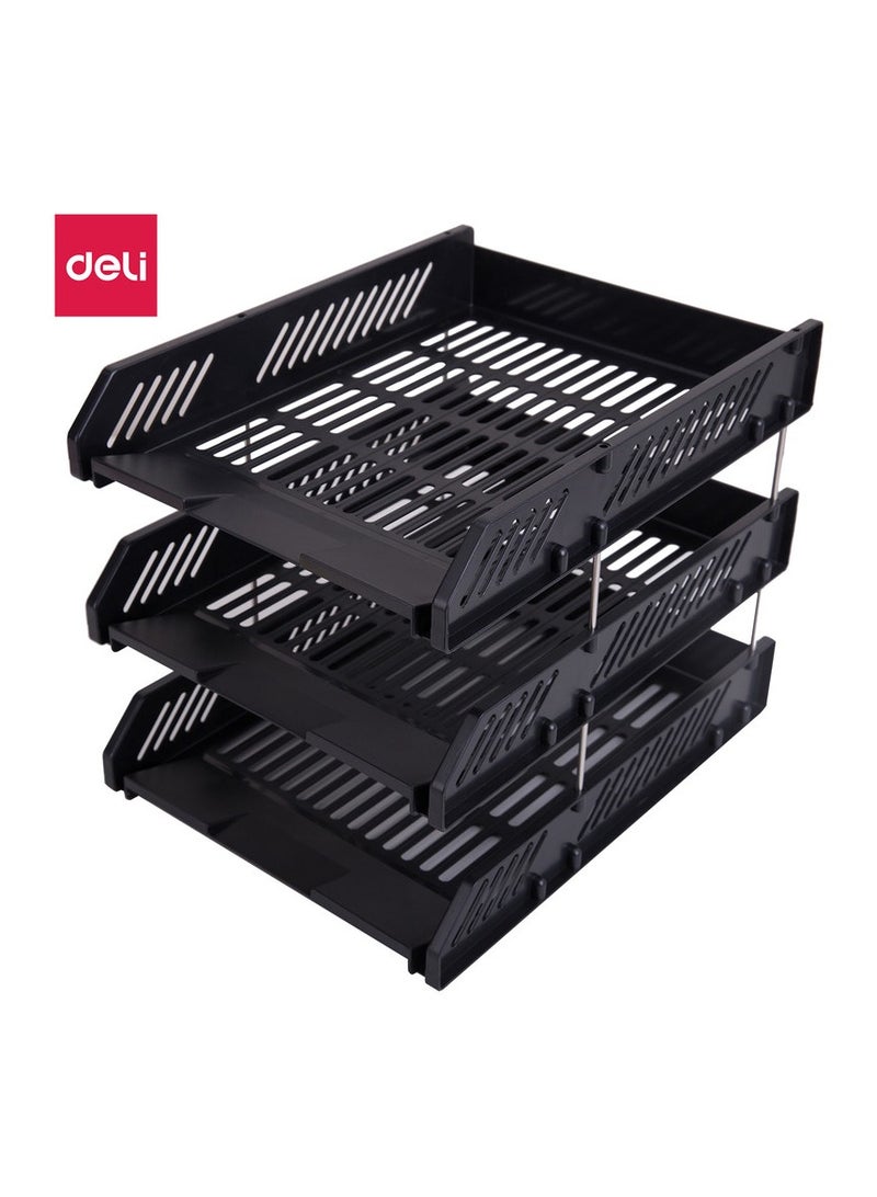 Deli E9209 3-Tier File Tray with 4 Metal Rods – Assorted Color (Blue/Light Grey/Black) HIPS Organizer for Creative Studios – 1PCS/OPP Bag - Image 3