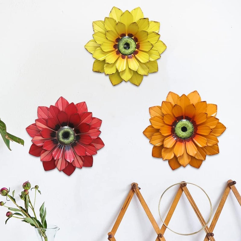 hogardeck Metal Flower Wall Decor - 3 Pcs Outdoor Wall Art Backyard Decorations Spring Decor Hanging for Kitchen, Living Room, Bathroom - Image 3