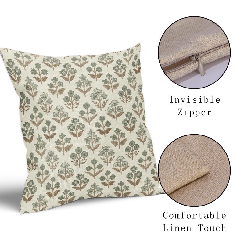 Sivirary Brown Green Floral Block Print Pillow Covers 20x20 Inch Set of 2, Vintage Flower Pattern Decorative Throw Pillowcases Outdoor Farmhouse Cushion Covers Spring Summer Rustic Sofa Couch Bed Decor - Image 4