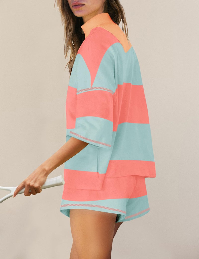 Panadila Women Striped Workout Set Two Piece Outfit Tracksuit Oversized Lounge Set Top and Shorts Sets with Pockets(Coral Blue Combo,M) - Image 2